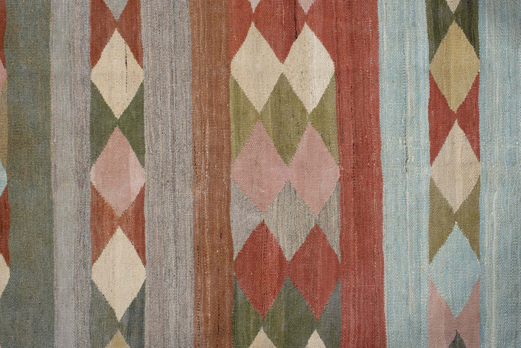 3' x 9' one-of-a-kind handmade vintage Kilim runner rug. Color palette: brown, gray, light gray, off-white, pink, red