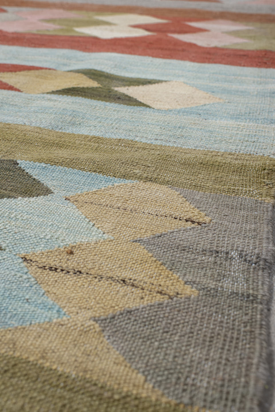 3' x 9' one-of-a-kind handmade vintage Kilim runner rug. Color palette: rust, gray, olive, ivory, sky_blue, blush, taupe