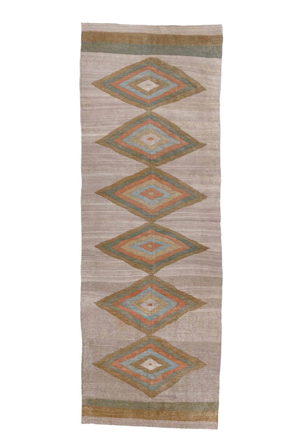 3' x 9' one-of-a-kind handmade vintage Kilim runner rug. Color palette: brown, gray, light gray, pink