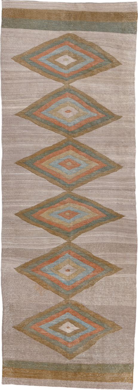 3' x 9' one-of-a-kind handmade vintage Kilim runner rug. Color palette: taupe, camel, sage, terra cotta, ivory, beige, gray