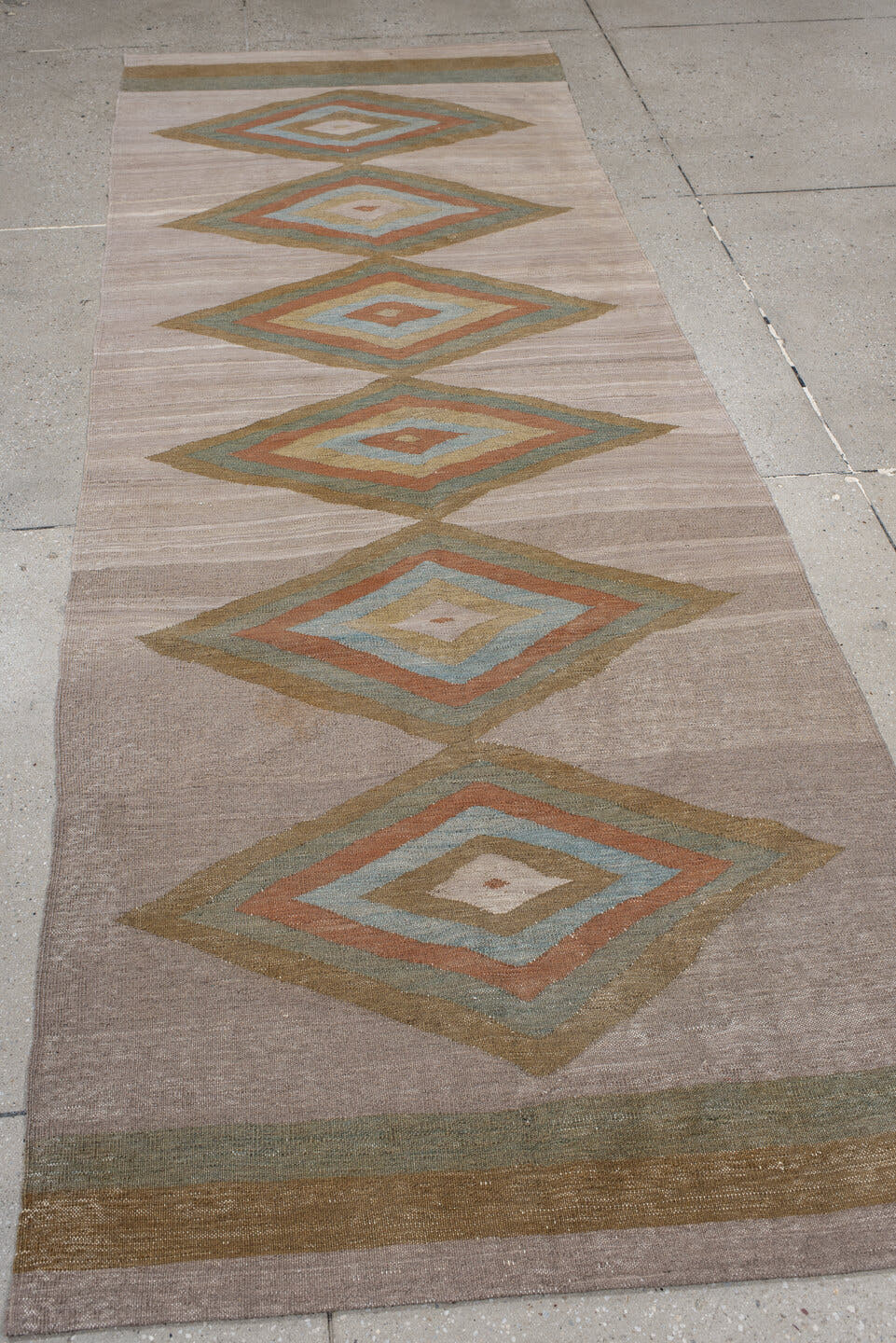 3' x 9' one-of-a-kind handmade vintage Kilim runner rug. Color palette: taupe, camel, sage, terra cotta, ivory, beige, gray