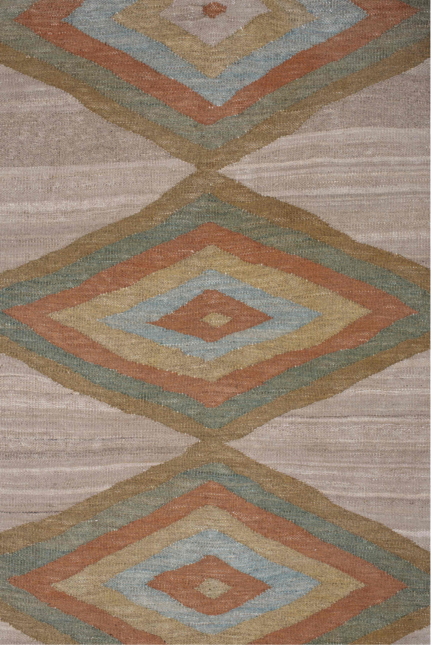 3' x 9' one-of-a-kind handmade vintage Kilim runner rug. Color palette: taupe, camel, sage, terra cotta, ivory, beige, gray