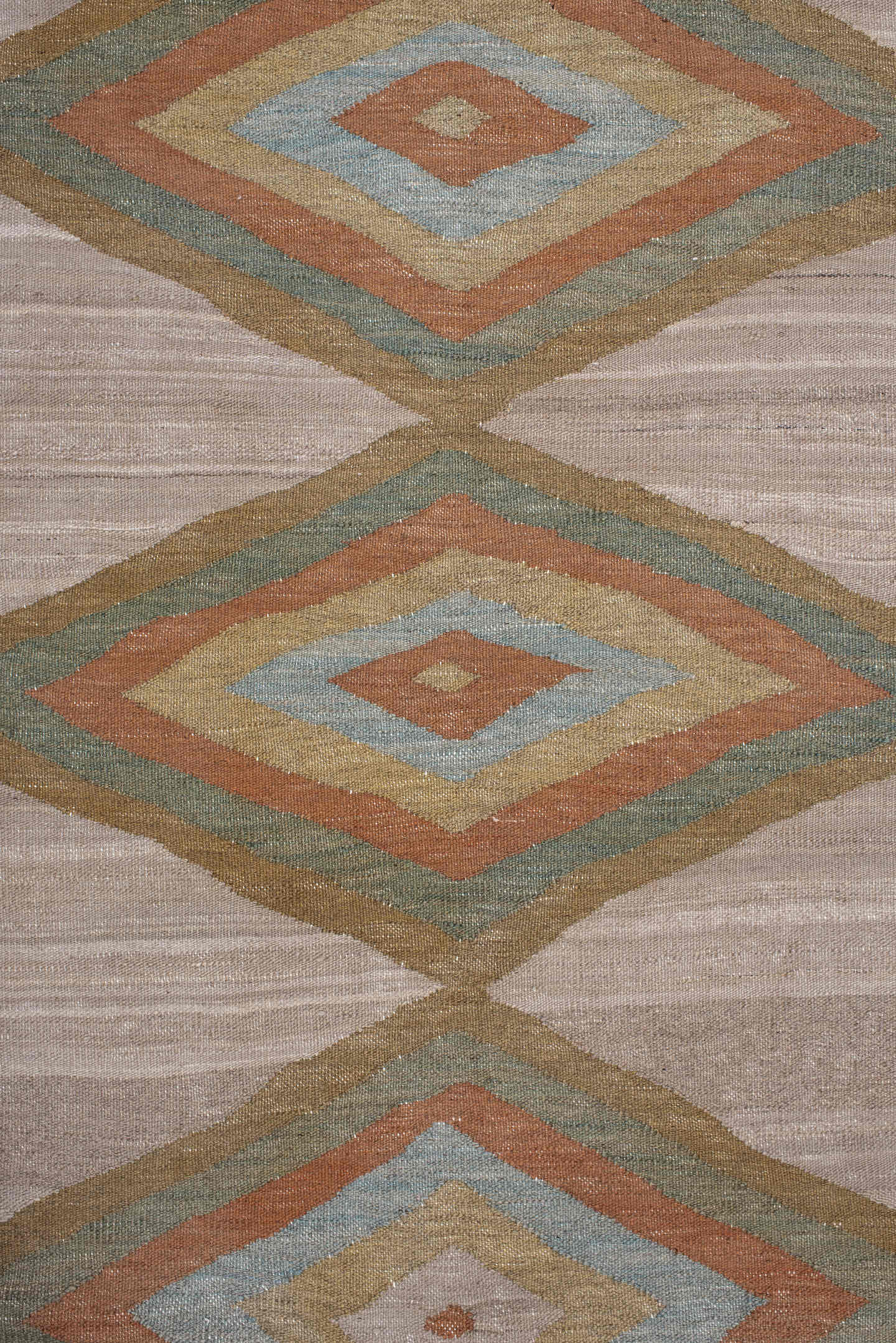 3' x 9' one-of-a-kind handmade vintage Kilim runner rug. Color palette: taupe, camel, sage, terra cotta, ivory, beige, gray