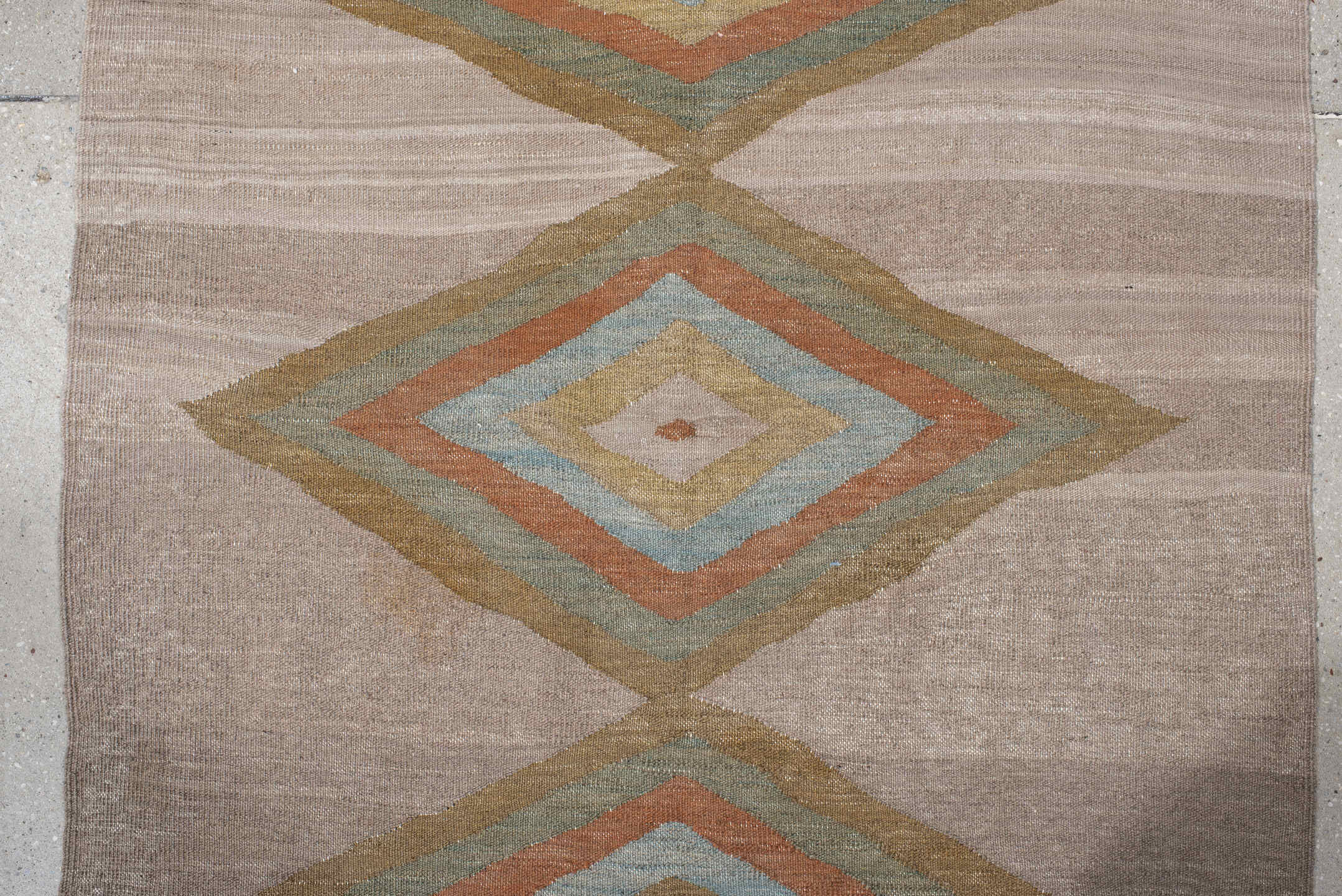 3' x 9' one-of-a-kind handmade vintage Kilim runner rug. Color palette: taupe, camel, sage, terra cotta, ivory, beige, gray