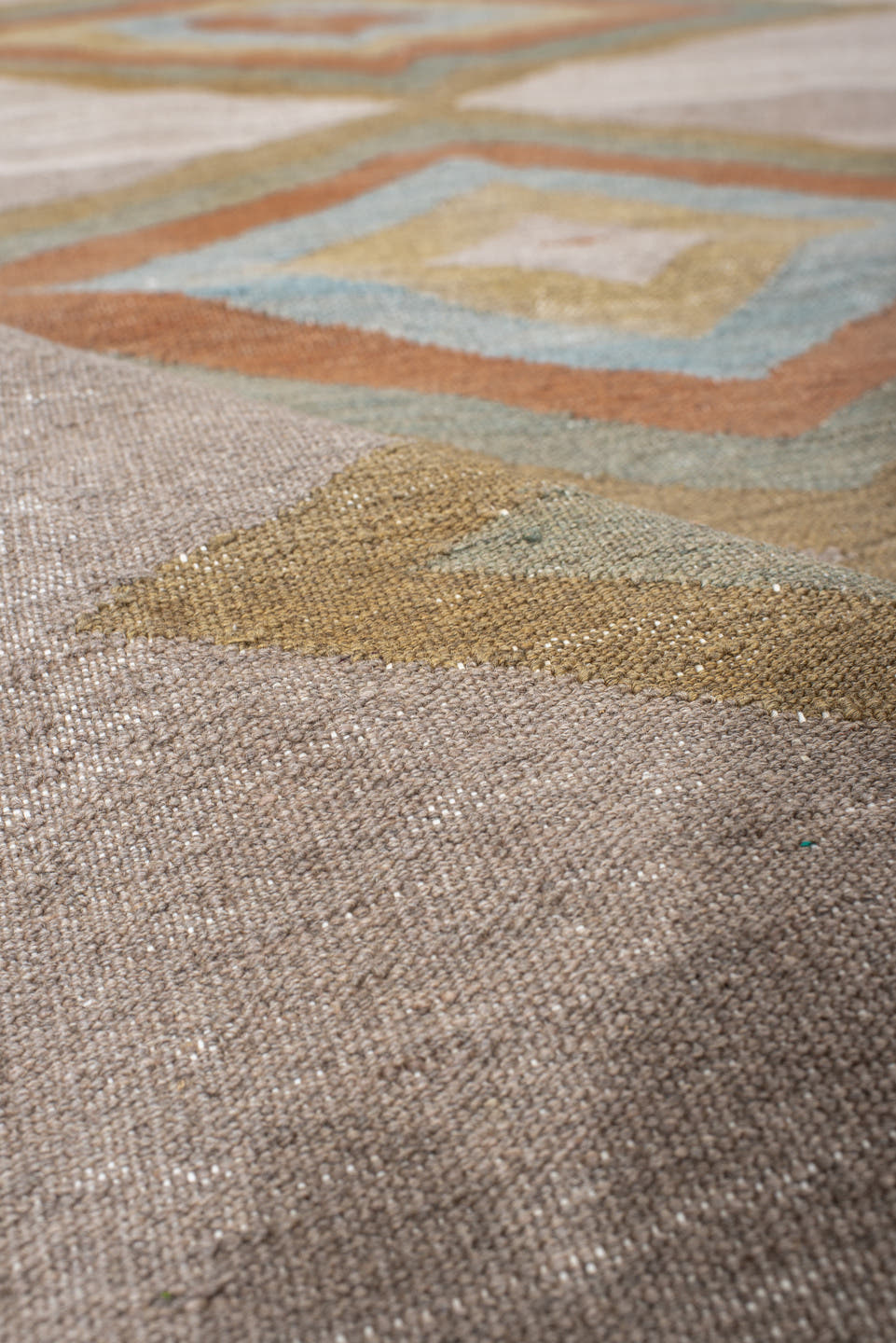 3' x 9' one-of-a-kind handmade vintage Kilim runner rug. Color palette: taupe, camel, sage, terra cotta, ivory, beige, gray