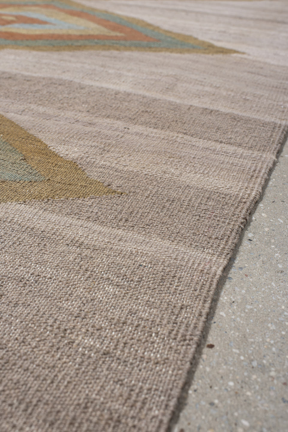 3' x 9' one-of-a-kind handmade vintage Kilim runner rug. Color palette: taupe, camel, sage, terra cotta, ivory, beige, gray