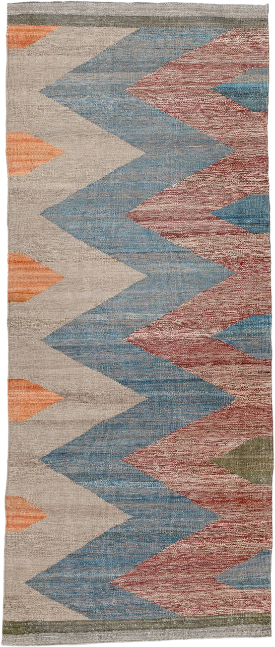 2' x 6' one-of-a-kind handmade vintage Kilim runner rug. Color palette: ivory, sky blue, rust, orange, olive, gray
