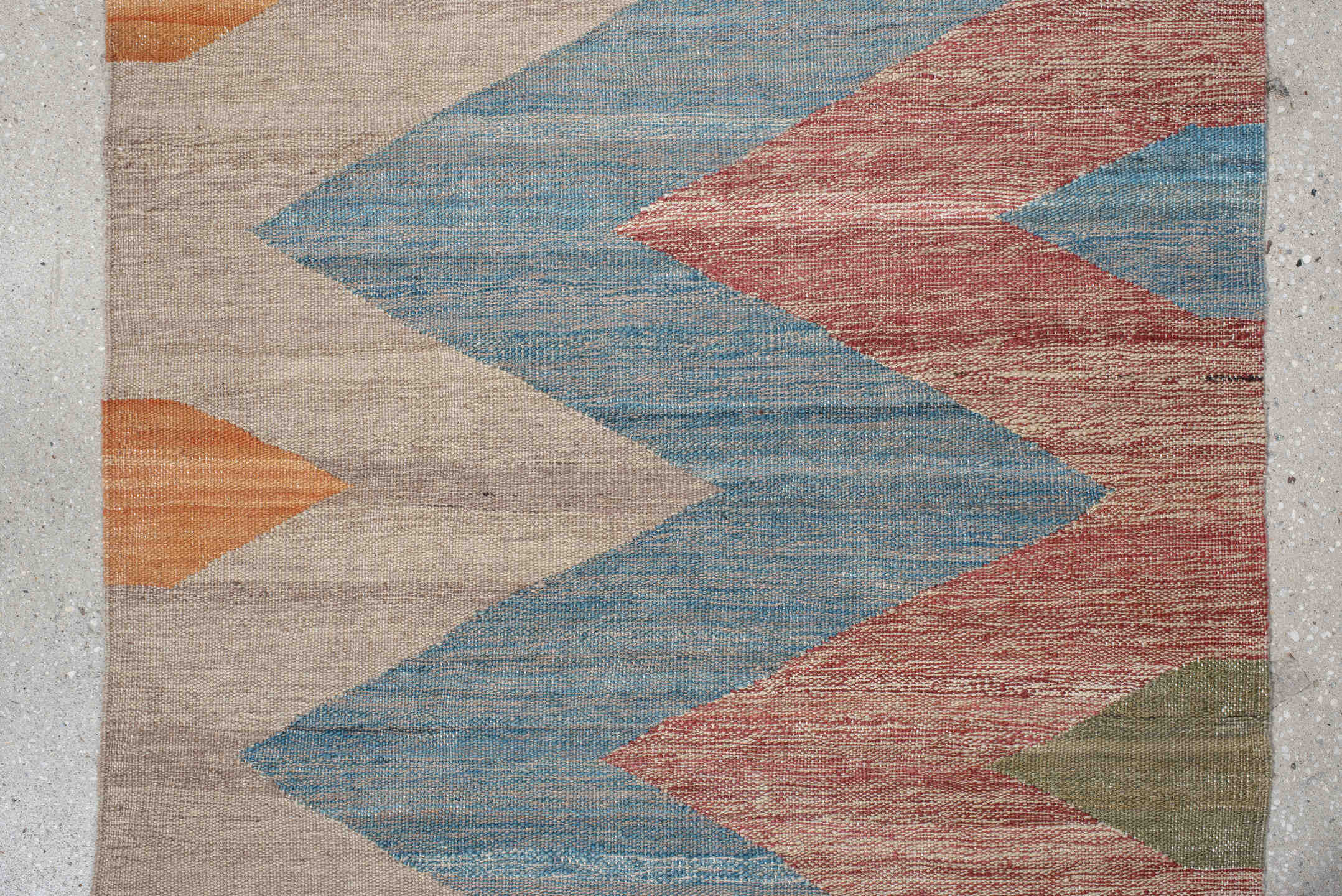 2' x 6' one-of-a-kind handmade vintage Kilim runner rug. Color palette: ivory, sky blue, rust, orange, olive, gray
