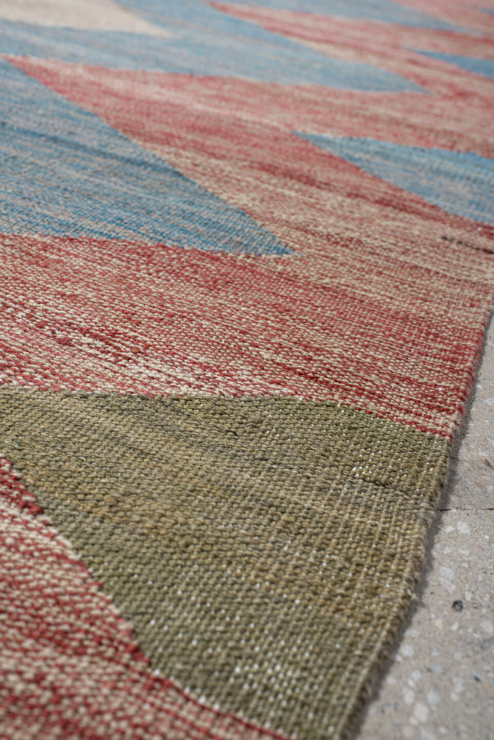2' x 6' one-of-a-kind handmade vintage Kilim runner rug. Color palette: ivory, sky blue, rust, orange, olive, gray