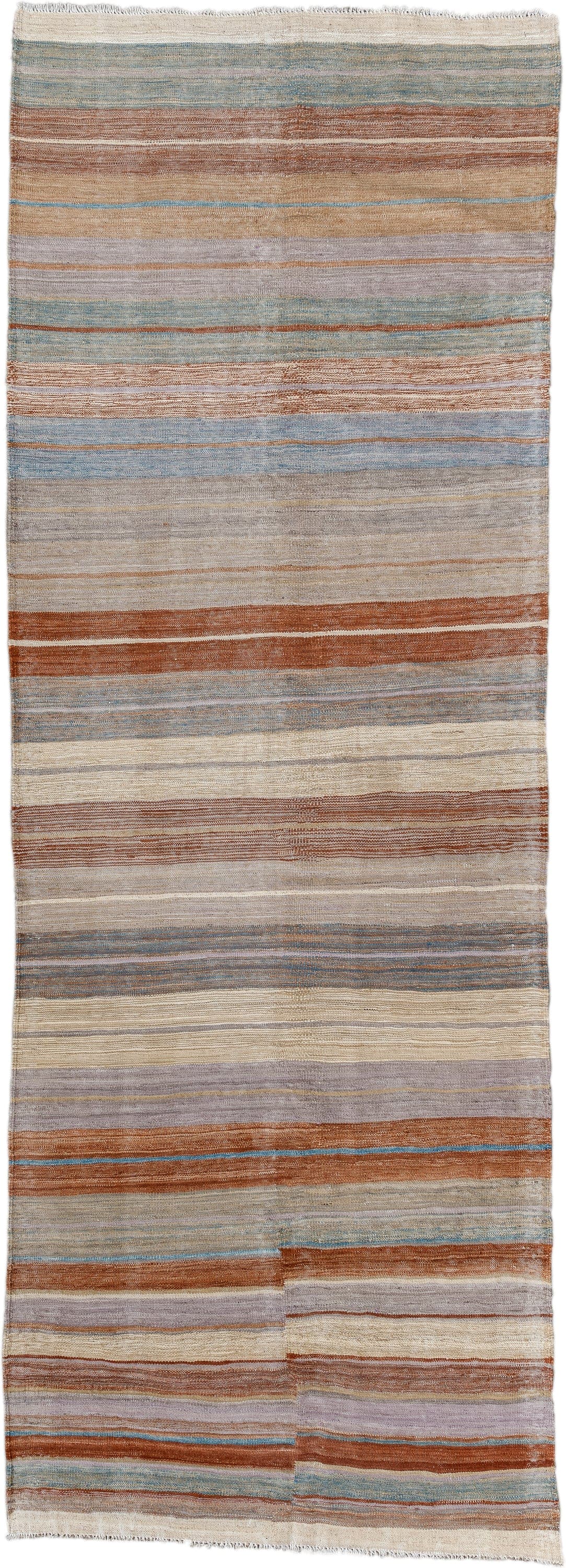 3' x 9' one-of-a-kind handmade vintage Kilim runner rug. Color palette: ivory, taupe, rust, pale blue, beige, camel