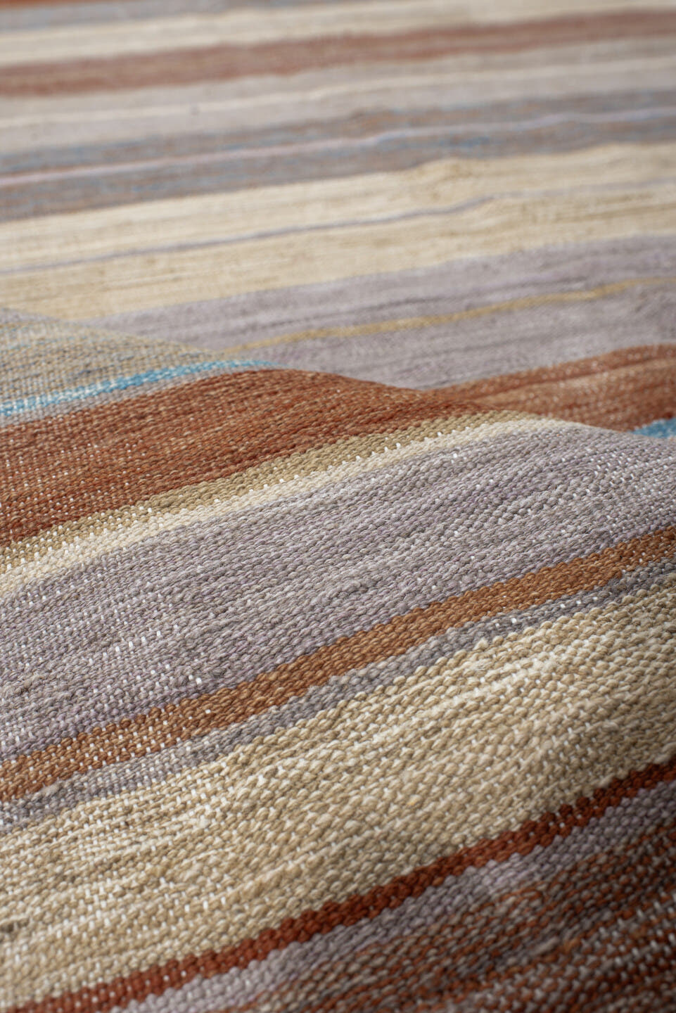 3' x 9' one-of-a-kind handmade vintage Kilim runner rug. Color palette: ivory, taupe, rust, pale blue, beige, camel