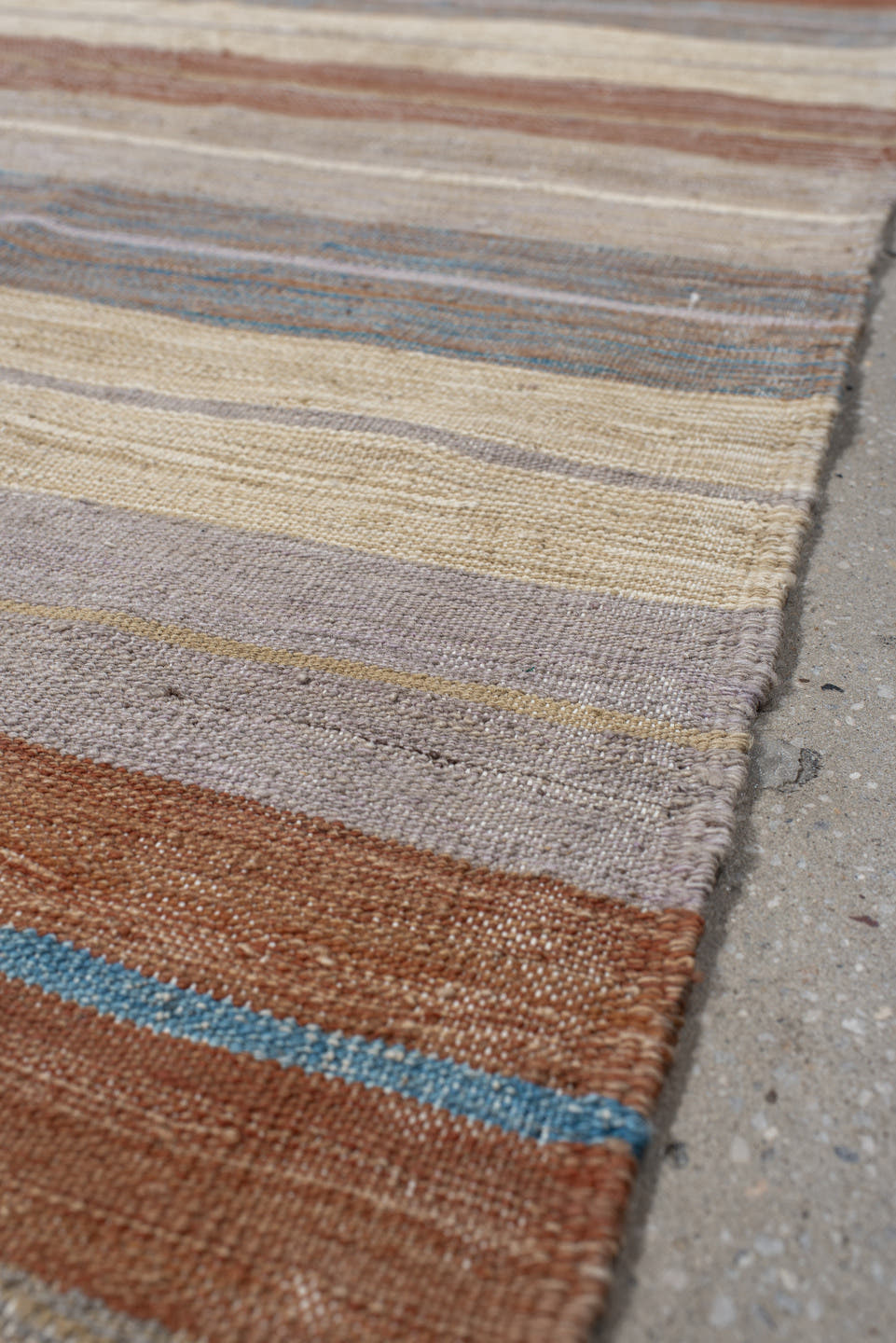 3' x 9' one-of-a-kind handmade vintage Kilim runner rug. Color palette: ivory, taupe, rust, pale blue, beige, camel