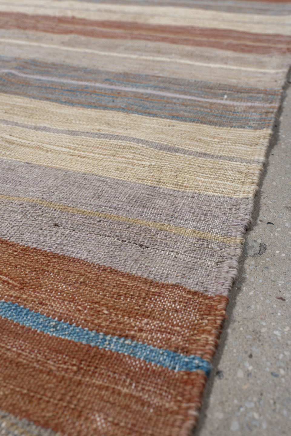 3' x 9' one-of-a-kind handmade vintage Kilim runner rug. Color palette: ivory, taupe, rust, pale blue, beige, camel