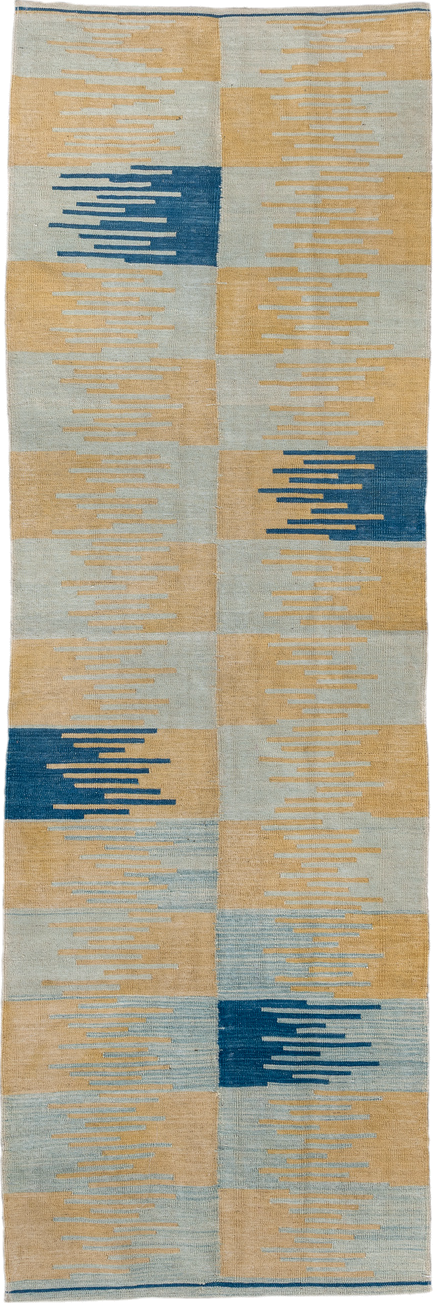 2' x 8' one-of-a-kind handmade vintage Kilim runner rug. Color palette: camel, pale blue, indigo, ivory, beige, light blue