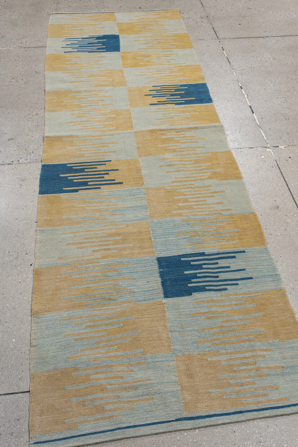 2' x 8' one-of-a-kind handmade vintage Kilim runner rug. Color palette: camel, pale blue, indigo, ivory, beige, light blue