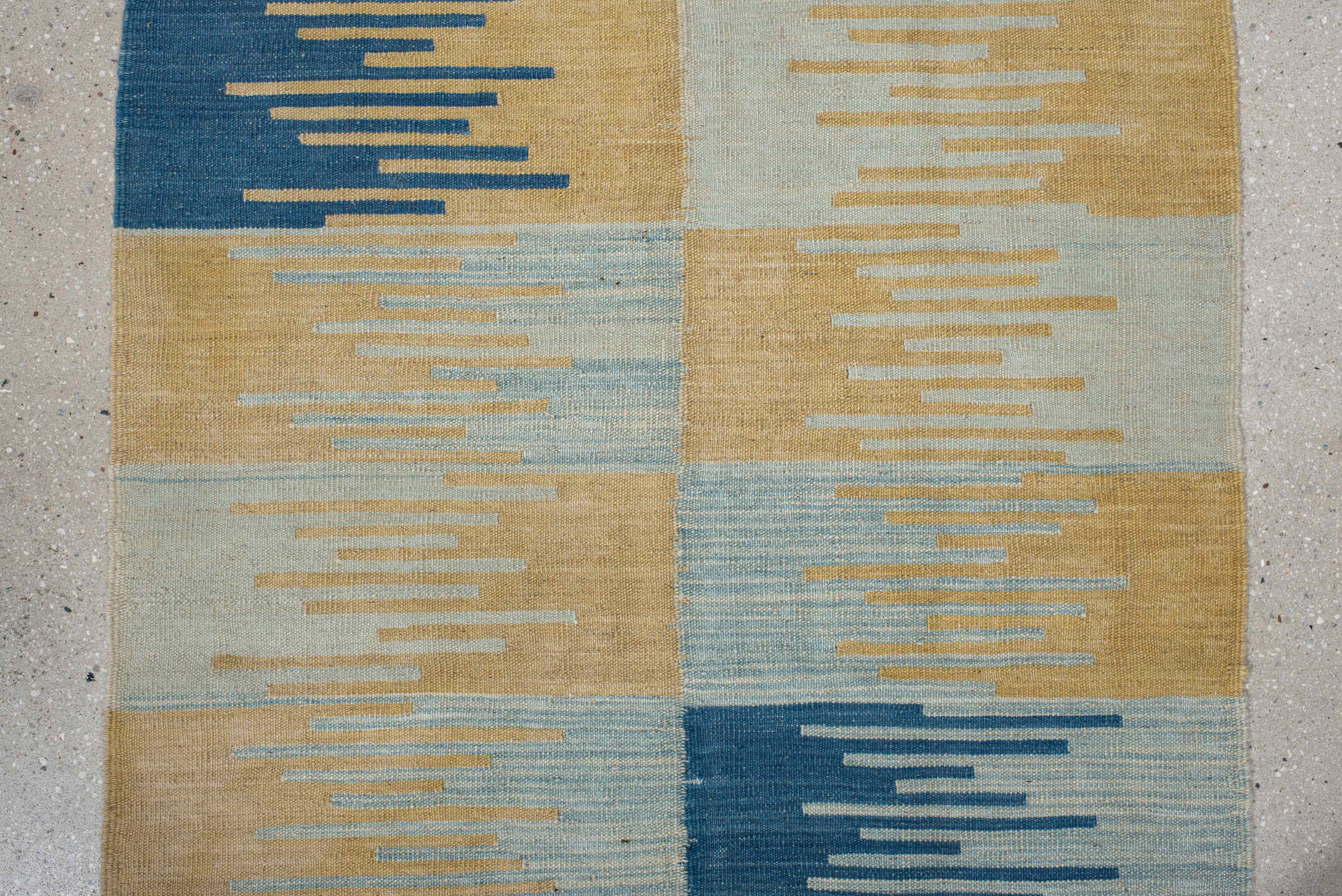 2' x 8' one-of-a-kind handmade vintage Kilim runner rug. Color palette: camel, pale blue, indigo, ivory, beige, light blue