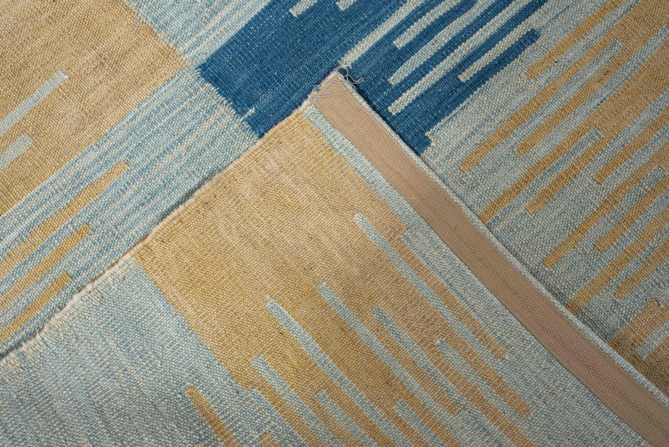 2' x 8' one-of-a-kind handmade vintage Kilim runner rug. Color palette: camel, pale blue, indigo, ivory, beige, light blue