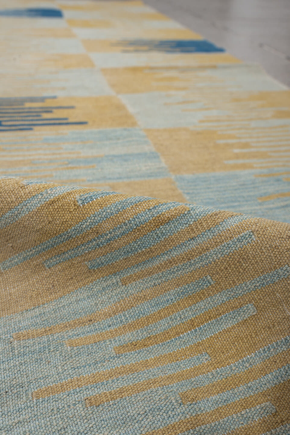 2' x 8' one-of-a-kind handmade vintage Kilim runner rug. Color palette: camel, pale blue, indigo, ivory, beige, light blue