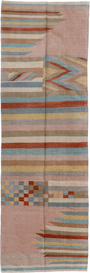 3' x 10' one-of-a-kind handmade vintage Kilim runner rug. Color palette: blush, taupe, sky_blue, rust, ivory, gold, camel