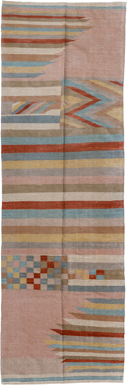 3' x 10' one-of-a-kind handmade vintage Kilim runner rug. Color palette: blush, taupe, sky_blue, rust, ivory, gold, camel