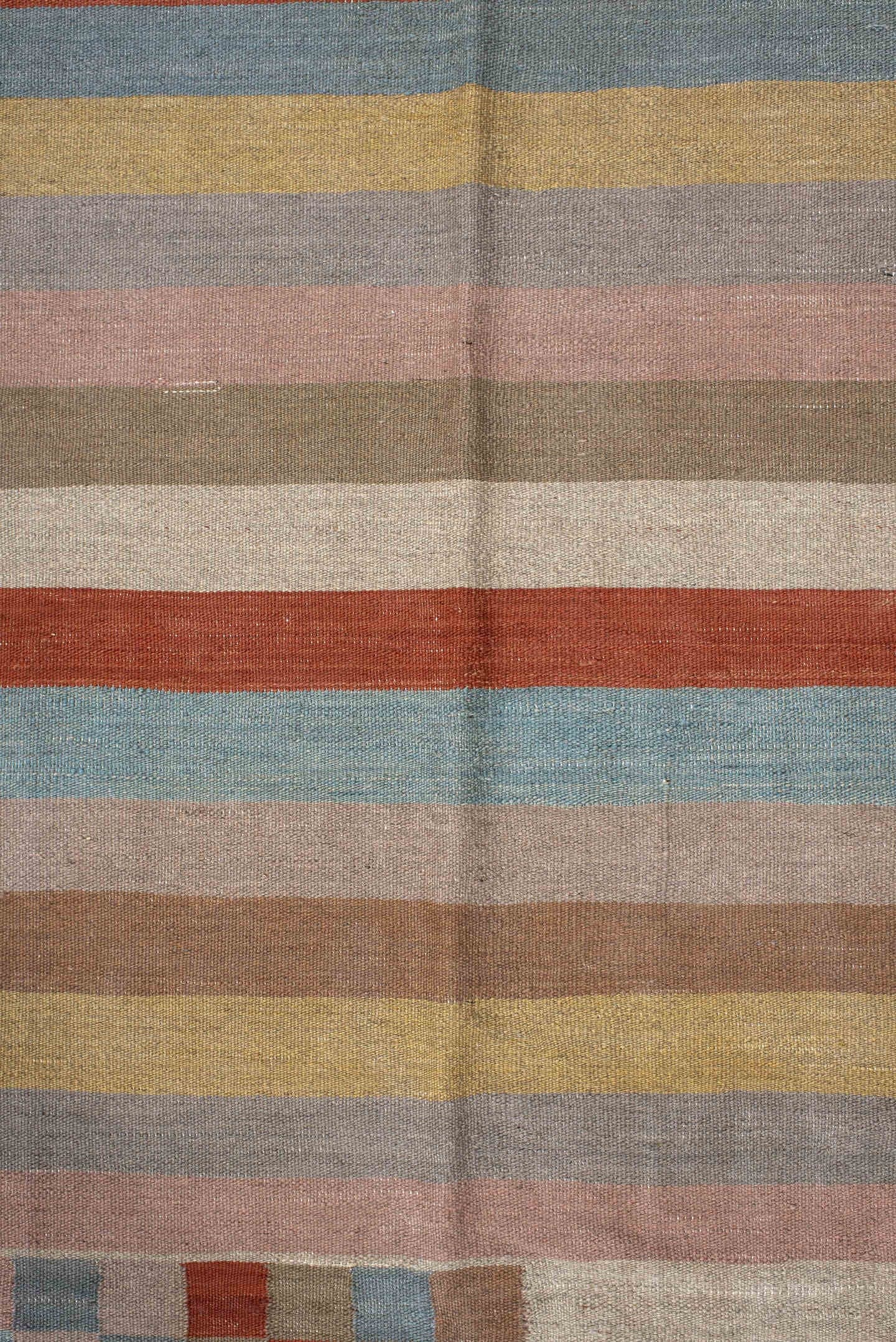3' x 10' one-of-a-kind handmade vintage Kilim runner rug. Color palette: blush, taupe, sky_blue, rust, ivory, gold, camel