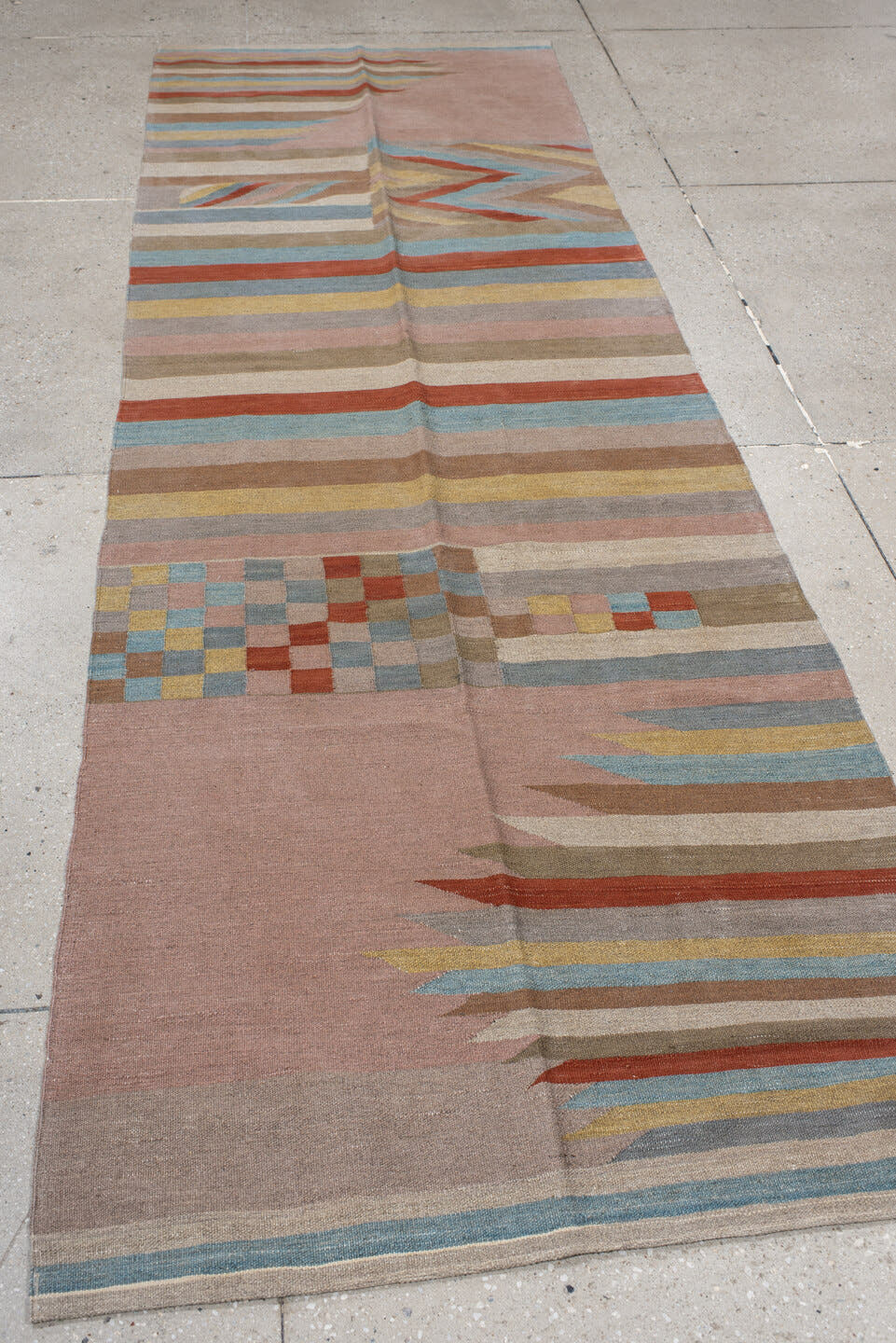 3' x 10' one-of-a-kind handmade vintage Kilim runner rug. Color palette: blush, taupe, sky_blue, rust, ivory, gold, camel