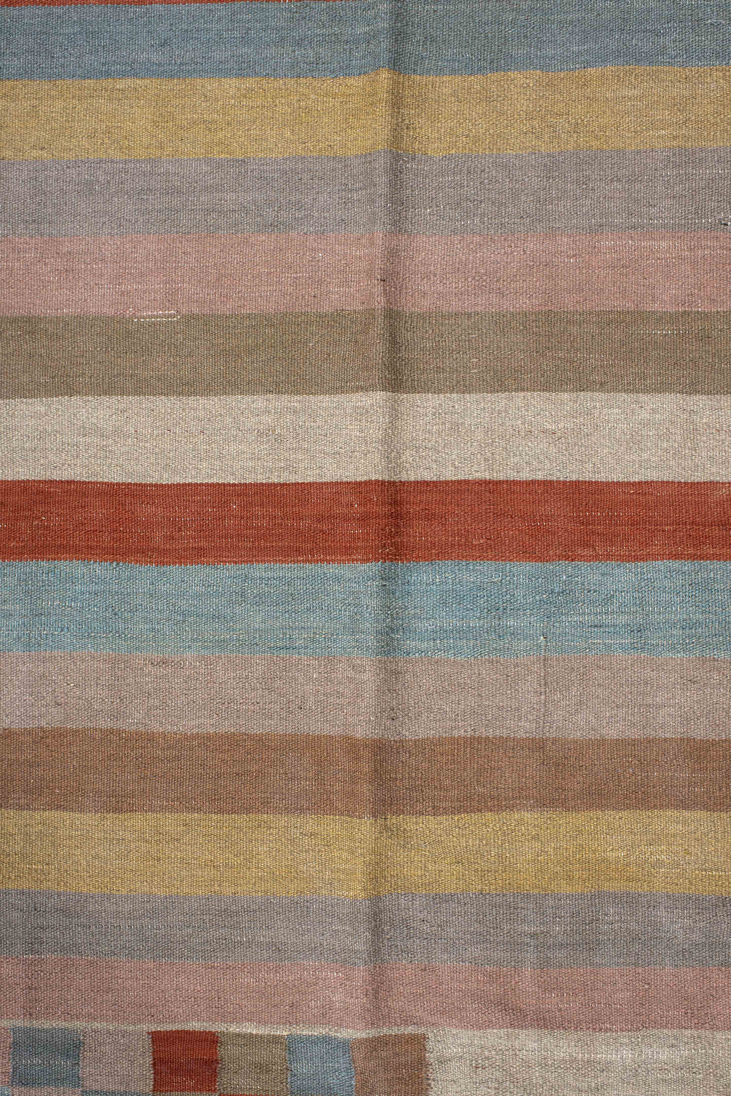 3' x 10' one-of-a-kind handmade vintage Kilim runner rug. Color palette: blush, taupe, sky_blue, rust, ivory, gold, camel