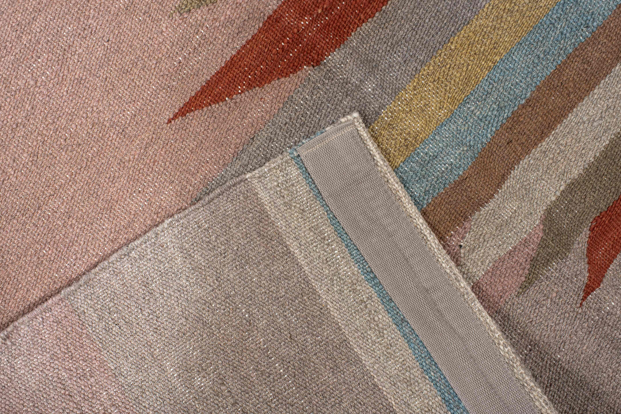 3' x 10' one-of-a-kind handmade vintage Kilim runner rug. Color palette: blush, taupe, sky_blue, rust, ivory, gold, camel