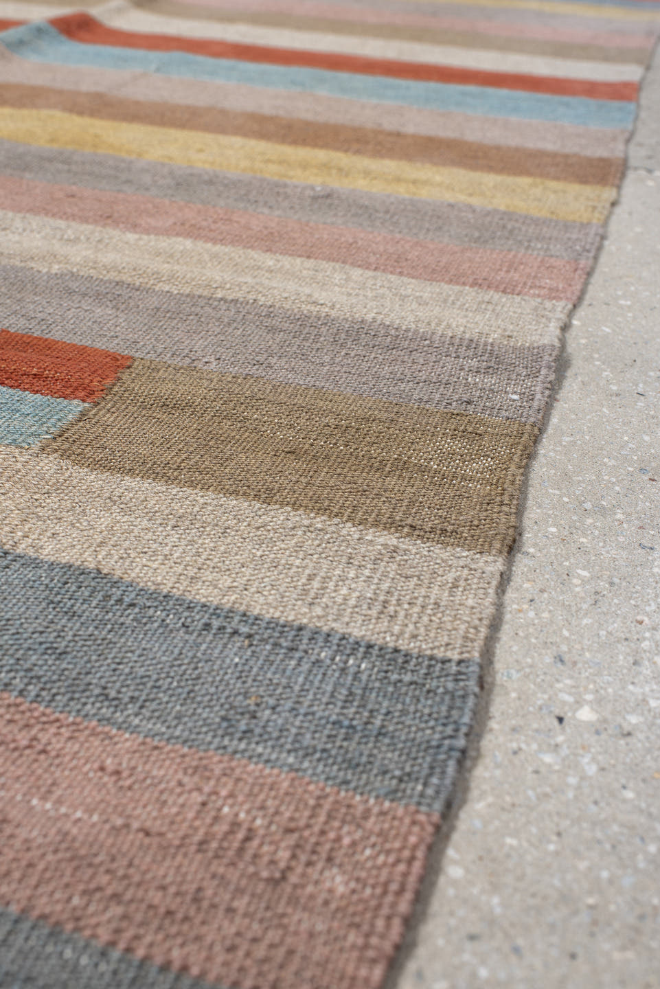 3' x 10' one-of-a-kind handmade vintage Kilim runner rug. Color palette: blush, taupe, sky_blue, rust, ivory, gold, camel