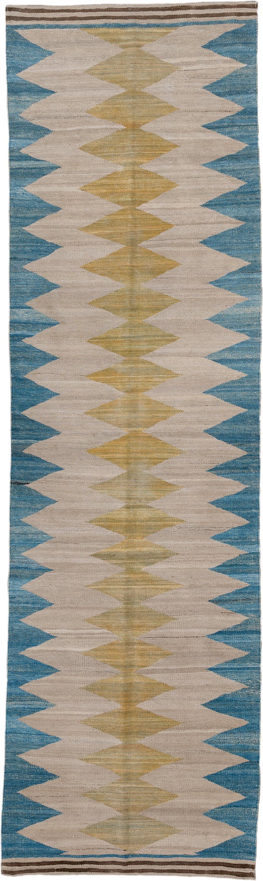 2' x 9' one-of-a-kind handmade vintage Kilim runner rug. Color palette: ivory, sky blue, gold, taupe, brown, light blue