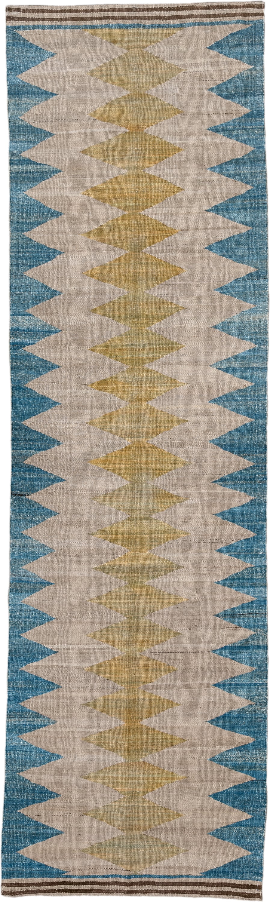 2' x 9' one-of-a-kind handmade vintage Kilim runner rug. Color palette: ivory, sky blue, gold, taupe, brown, light blue