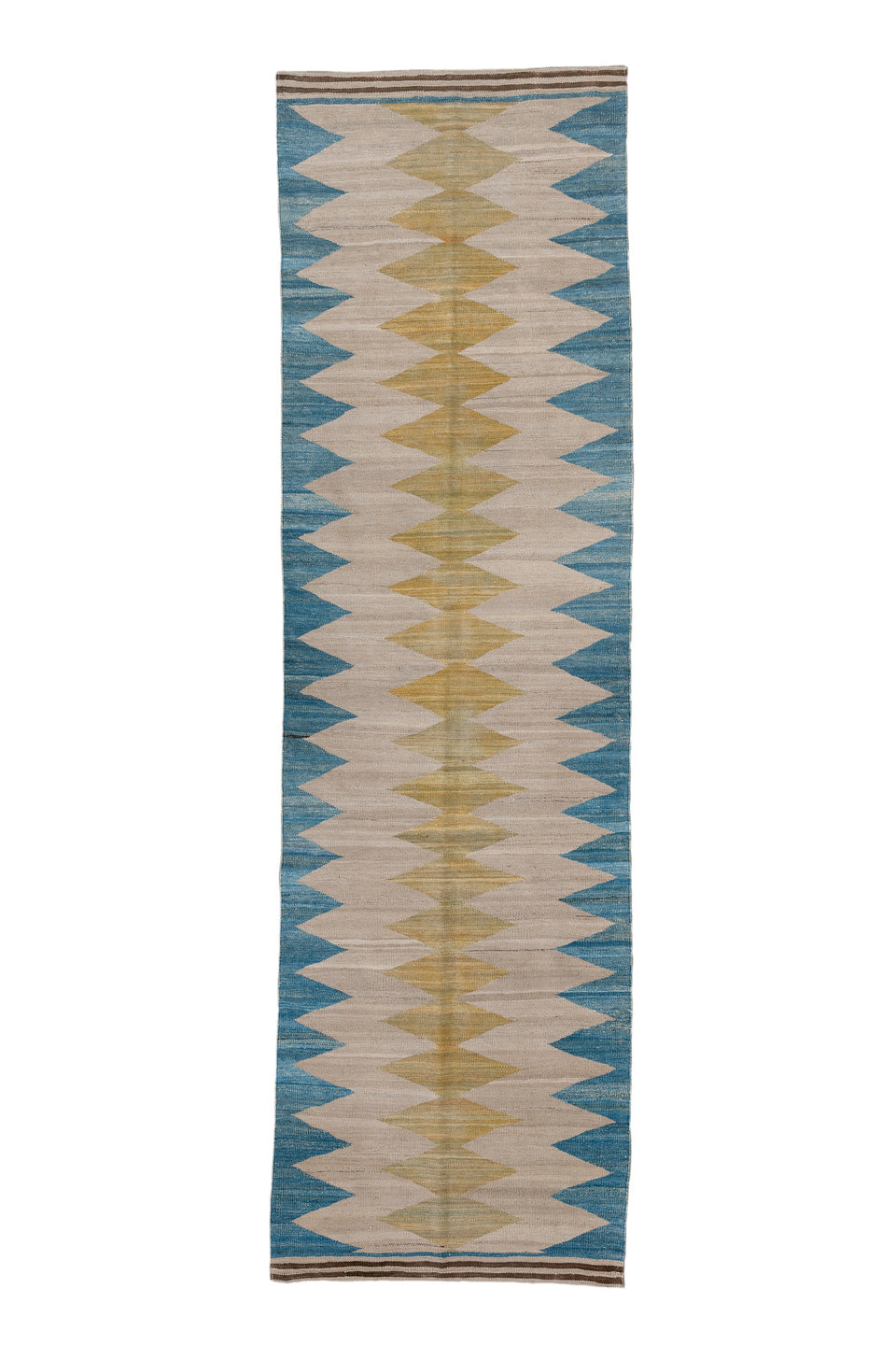 2' x 9' one-of-a-kind handmade vintage Kilim runner rug. Color palette: arapawa, blue, brown, dim gray, gray, light gray