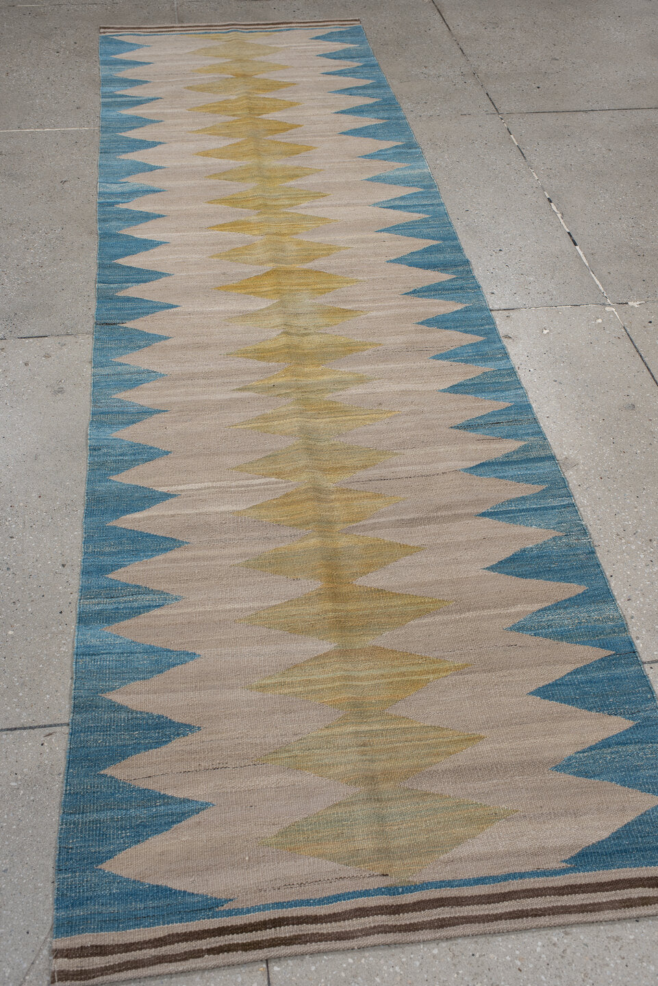2' x 9' one-of-a-kind handmade vintage Kilim runner rug. Color palette: ivory, sky blue, gold, taupe, brown, light blue