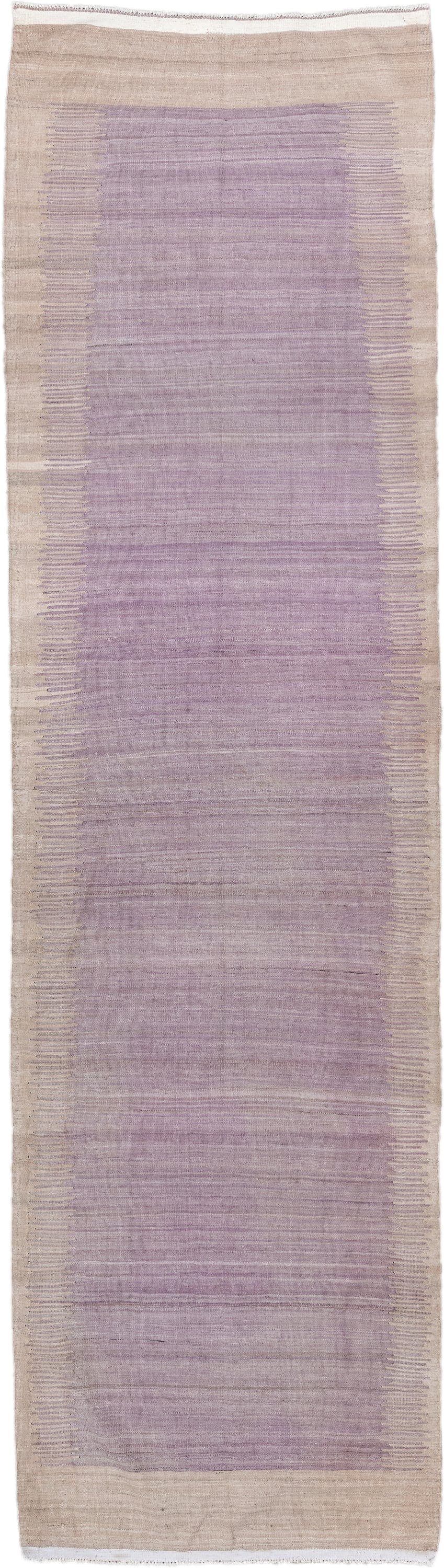 3' x 11' one-of-a-kind handmade vintage Kilim runner rug. Color palette: lavender, beige, ivory, taupe, light gray, gray