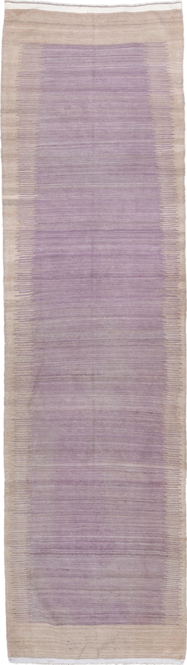 3' x 11' one-of-a-kind handmade vintage Kilim runner rug. Color palette: lavender, beige, ivory, taupe, light gray, gray