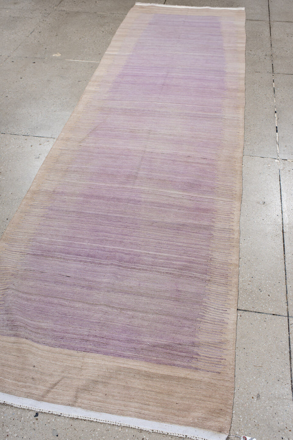 3' x 11' one-of-a-kind handmade vintage Kilim runner rug. Color palette: lavender, beige, ivory, taupe, light gray, gray