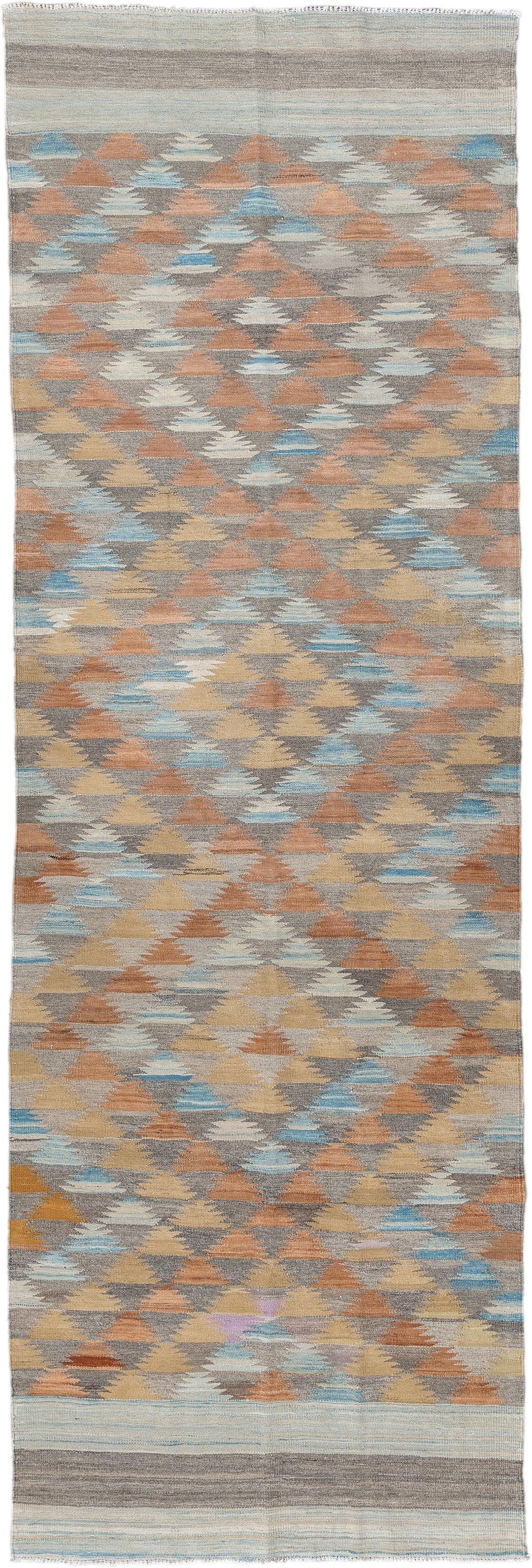 3' x 9' one-of-a-kind handmade vintage Kilim runner rug. Color palette: taupe, camel, ivory, rust, pale_blue, gray, beige