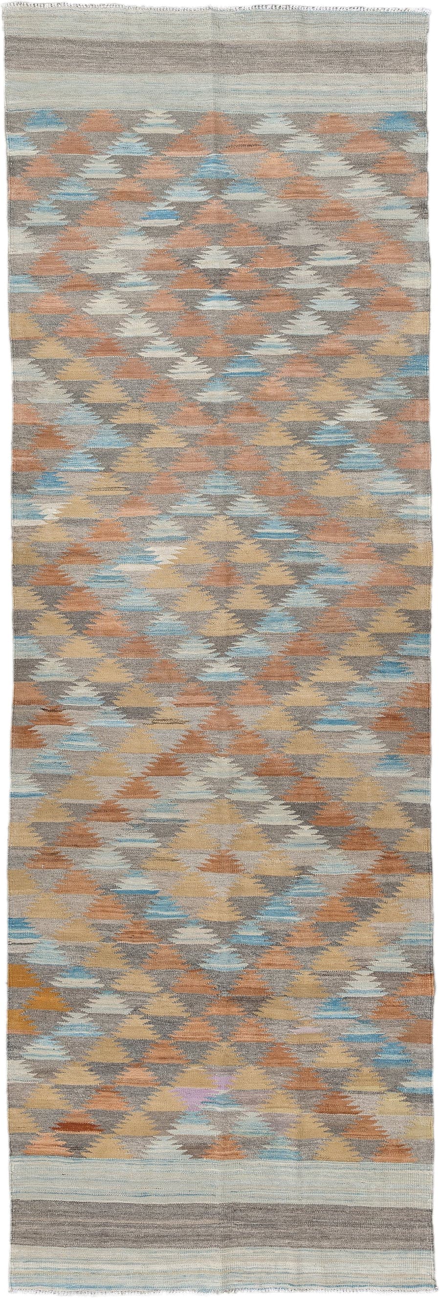 3' x 9' one-of-a-kind handmade vintage Kilim runner rug. Color palette: taupe, camel, ivory, rust, pale_blue, gray, beige