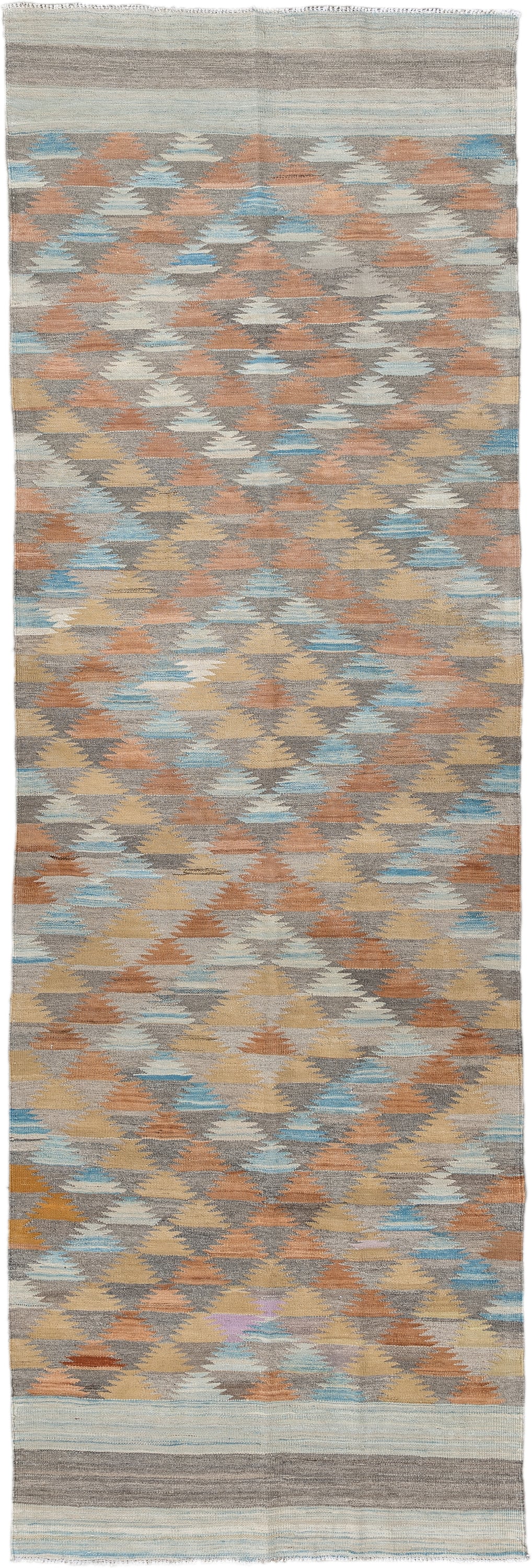 3' x 9' one-of-a-kind handmade vintage Kilim runner rug. Color palette: taupe, camel, ivory, rust, pale_blue, gray, beige