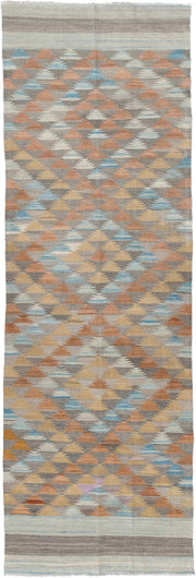3' x 9' one-of-a-kind handmade vintage Kilim runner rug. Color palette: taupe, camel, ivory, rust, pale_blue, gray, beige