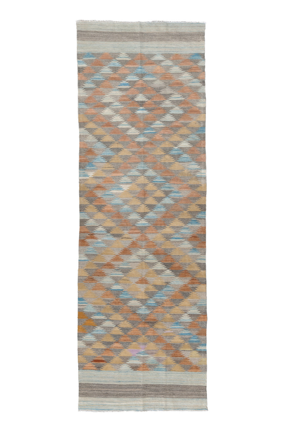 3' x 9' one-of-a-kind handmade vintage Kilim runner rug. Color palette: blue, brown, dark gray, gray, light blue, light gray