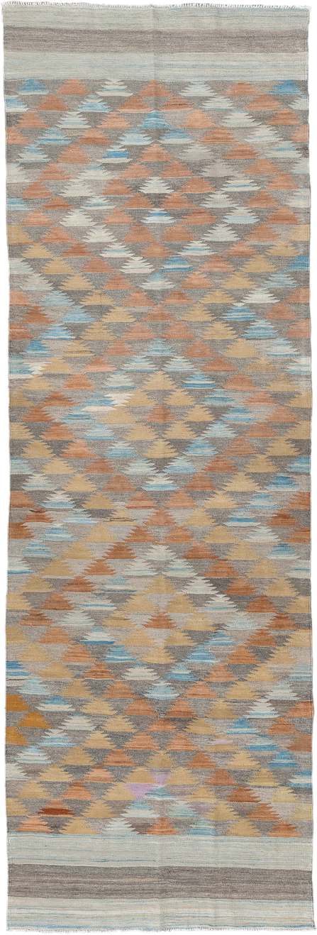 3' x 9' one-of-a-kind handmade vintage Kilim runner rug. Color palette: taupe, camel, ivory, rust, pale_blue, gray, beige