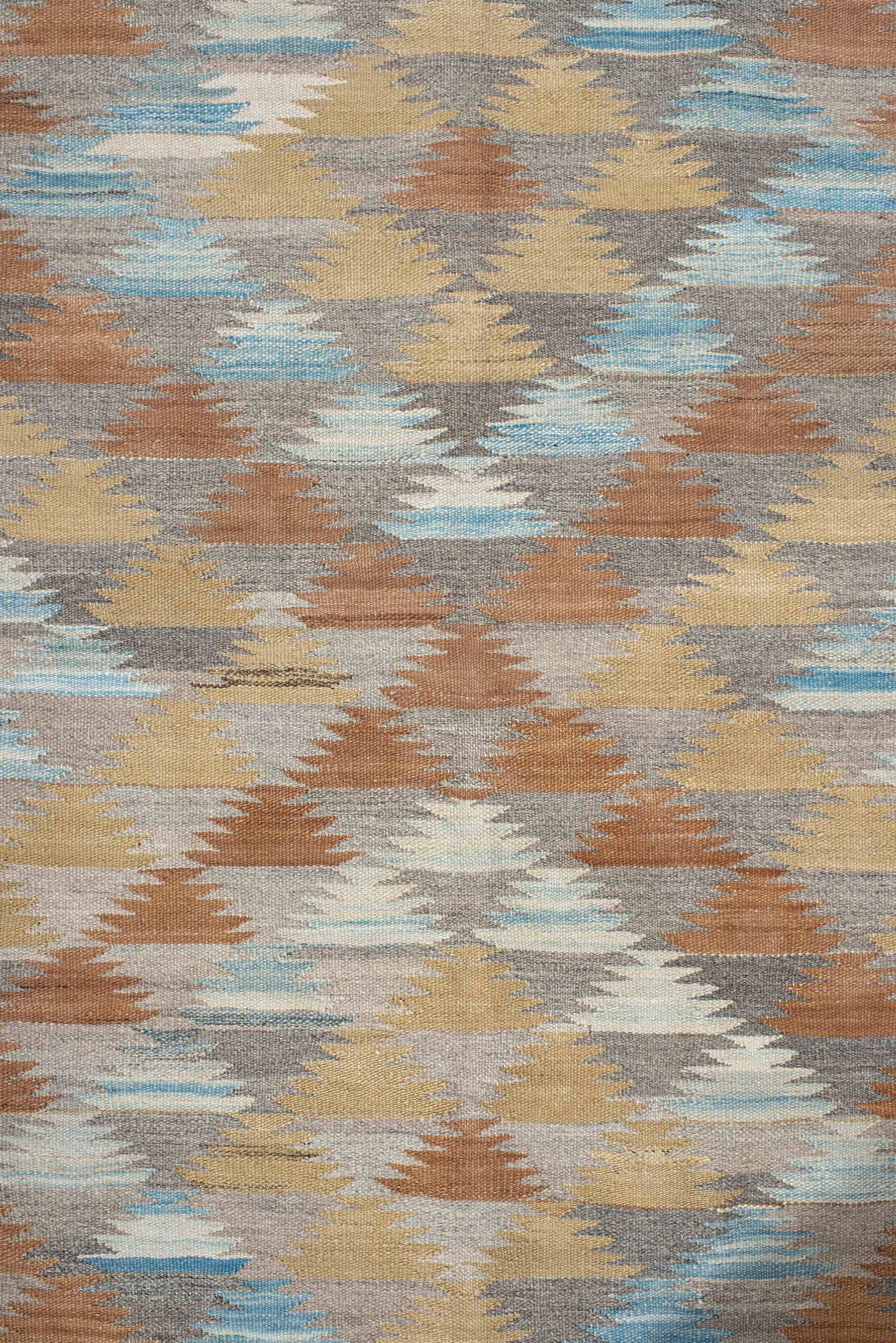 3' x 9' one-of-a-kind handmade vintage Kilim runner rug. Color palette: taupe, camel, ivory, rust, pale_blue, gray, beige