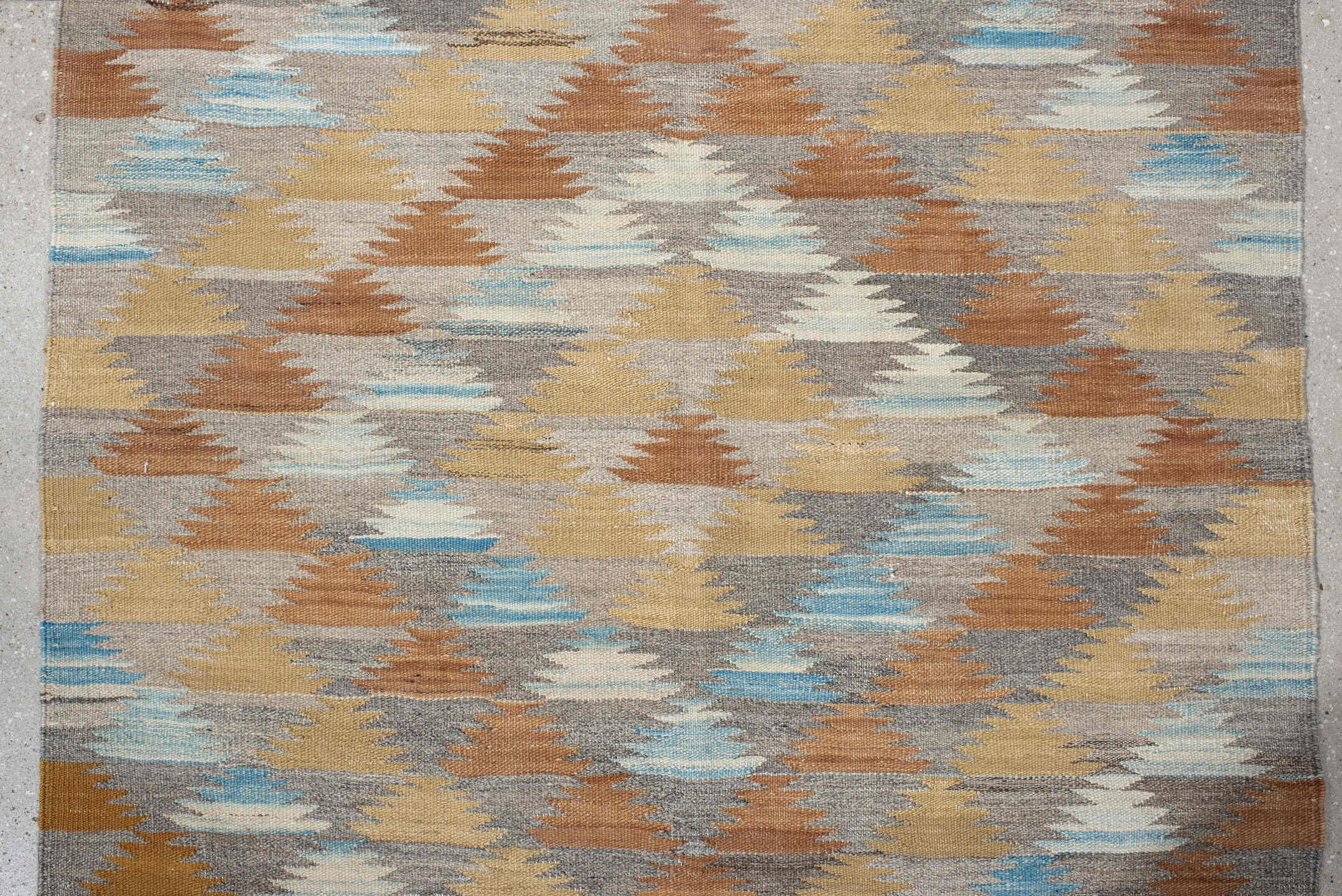 3' x 9' one-of-a-kind handmade vintage Kilim runner rug. Color palette: blue, brown, dark gray, gray, light blue, light gray