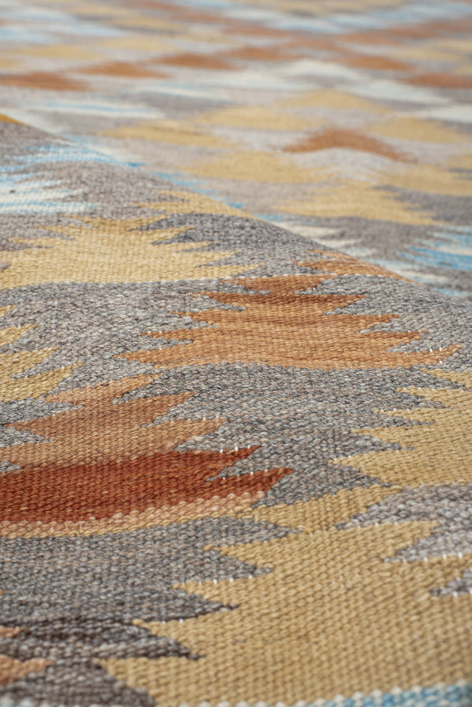 3' x 9' one-of-a-kind handmade vintage Kilim runner rug. Color palette: taupe, camel, ivory, rust, pale_blue, gray, beige