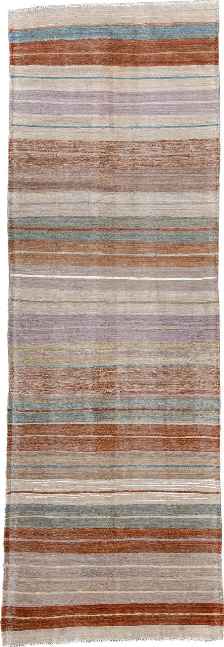 3' x 9' one-of-a-kind handmade vintage Kilim runner rug. Color palette: ivory, rust, taupe, sky_blue, lavender, beige