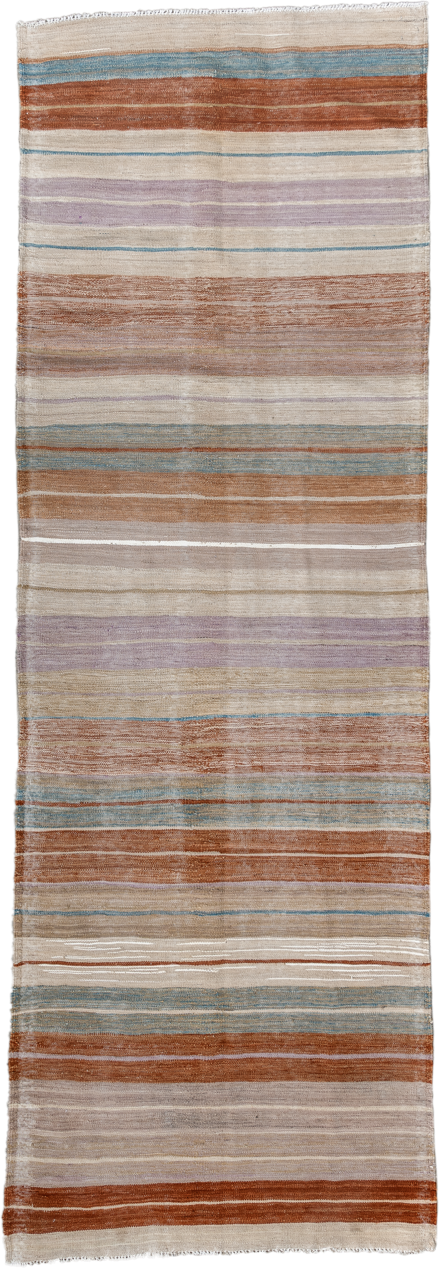 3' x 9' one-of-a-kind handmade vintage Kilim runner rug. Color palette: ivory, rust, taupe, sky_blue, lavender, beige