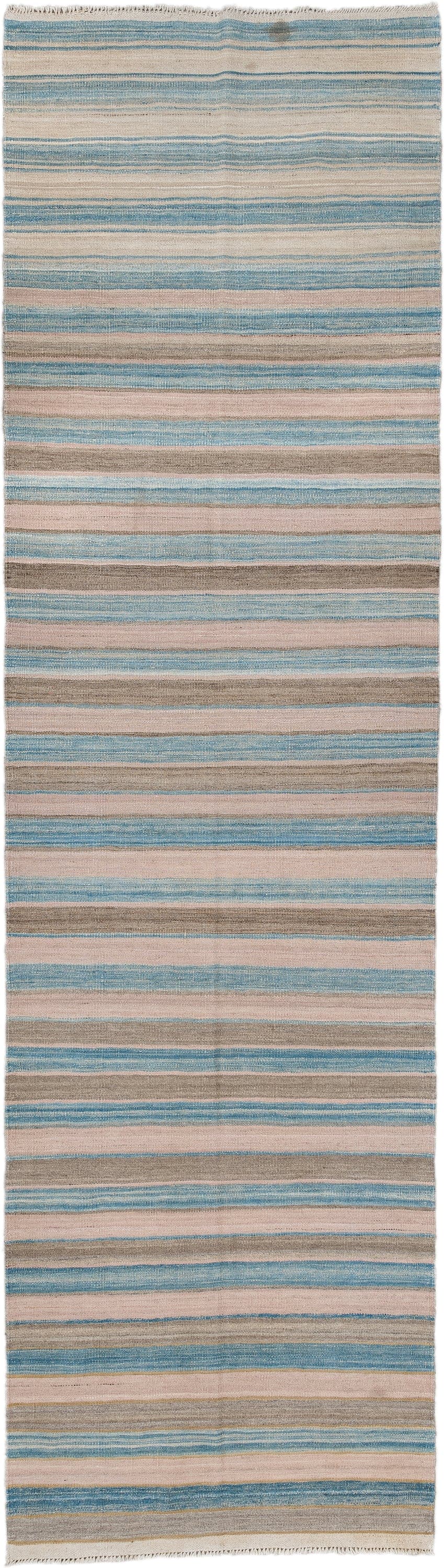 3' x 11' one-of-a-kind handmade vintage Kilim runner rug. Color palette: ivory, sky blue, taupe, beige, light blue, gray