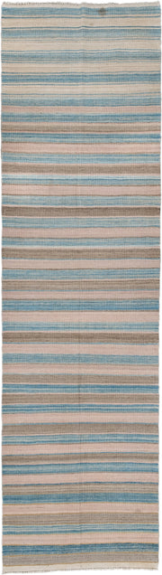 3' x 11' one-of-a-kind handmade vintage Kilim runner rug. Color palette: ivory, sky blue, taupe, beige, light blue, gray