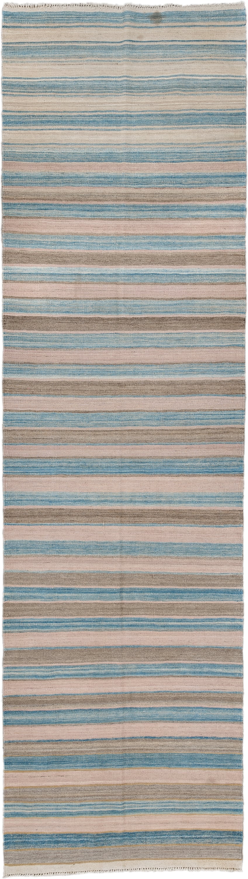 3' x 11' one-of-a-kind handmade vintage Kilim runner rug. Color palette: ivory, sky blue, taupe, beige, light blue, gray